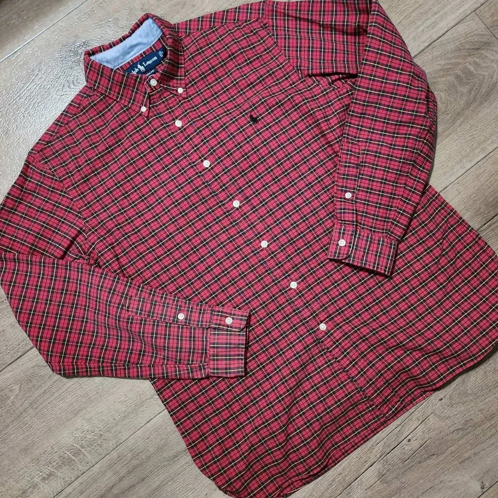 Polo Ralph Lauren Mens Custom Fit Plaid Button Down Shirt Red Black Yellow Large